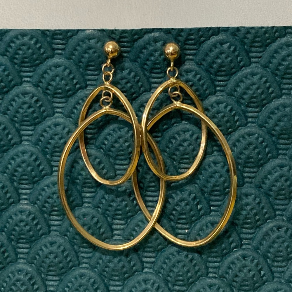 14K Yellow Gold Polished Double Circle Dangle on Ball Post Earrings 2"